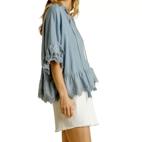 Umgee Linen Blend Top Boxy Ruffle Sleeve & Hem M Blue #19628 - Picture 4 of 11